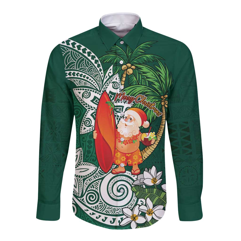 Polynesian Long Sleeve Button Shirt Tropical Santa - Plumeria Green Vintage LT7 Unisex Green - Polynesian Pride