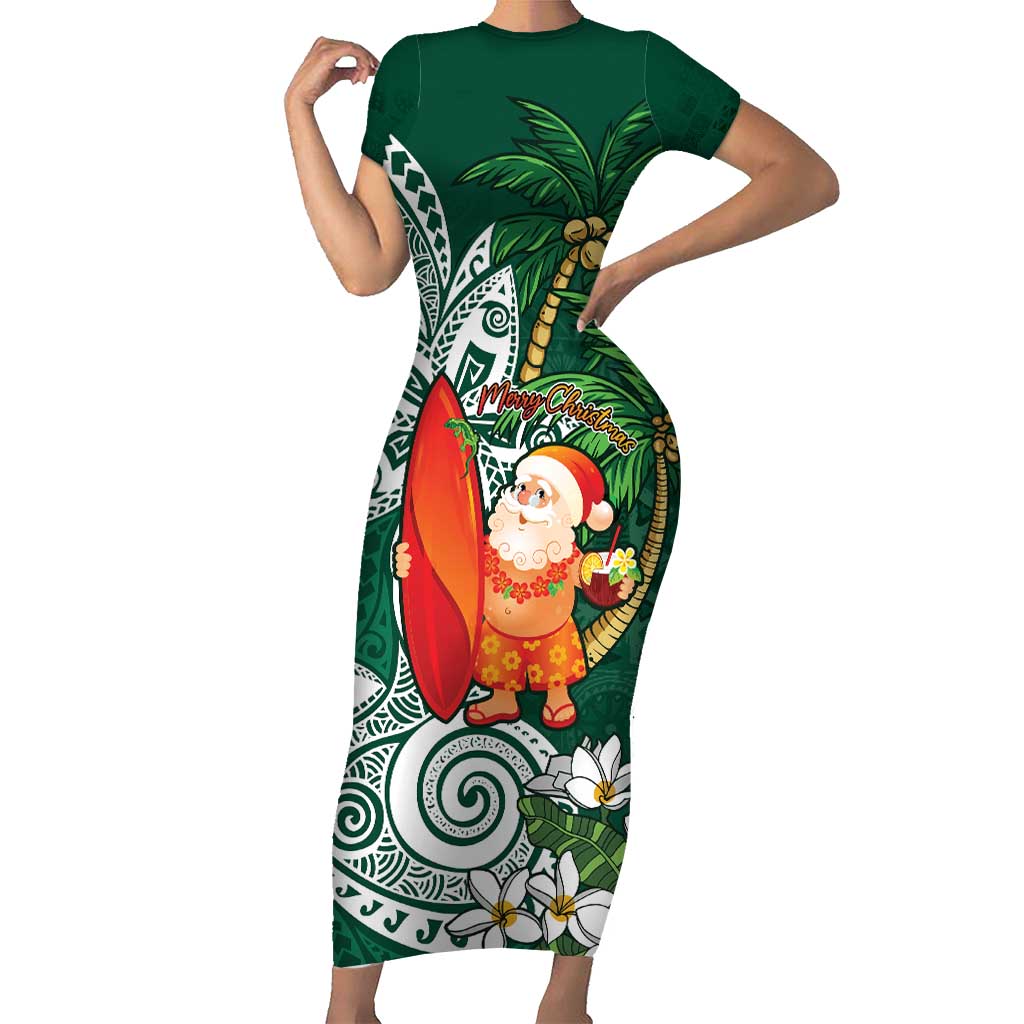 Polynesian Short Sleeve Bodycon Dress Tropical Santa - Plumeria Green Vintage LT7 Long Dress Green - Polynesian Pride