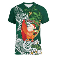 Polynesian Women V-Neck T-Shirt Tropical Santa - Plumeria Green Vintage