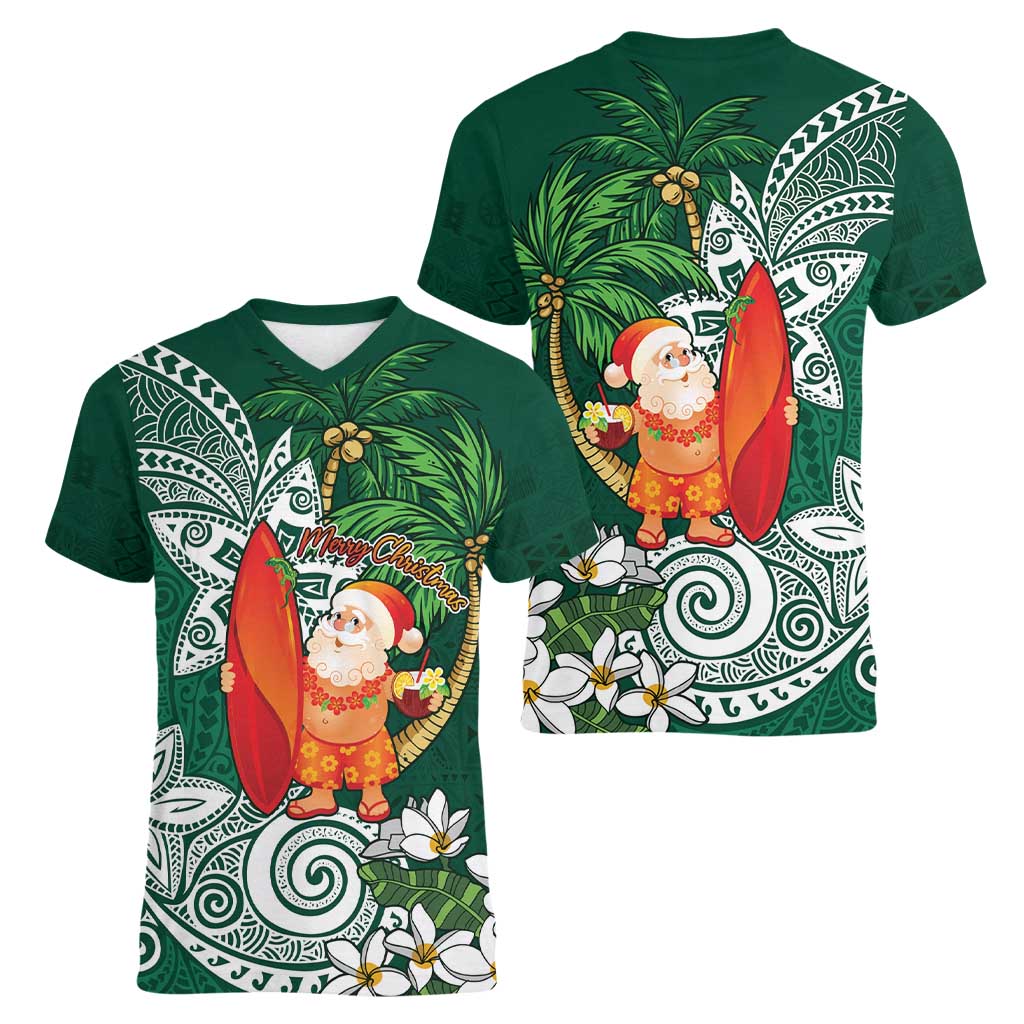 Polynesian Women V-Neck T-Shirt Tropical Santa - Plumeria Green Vintage