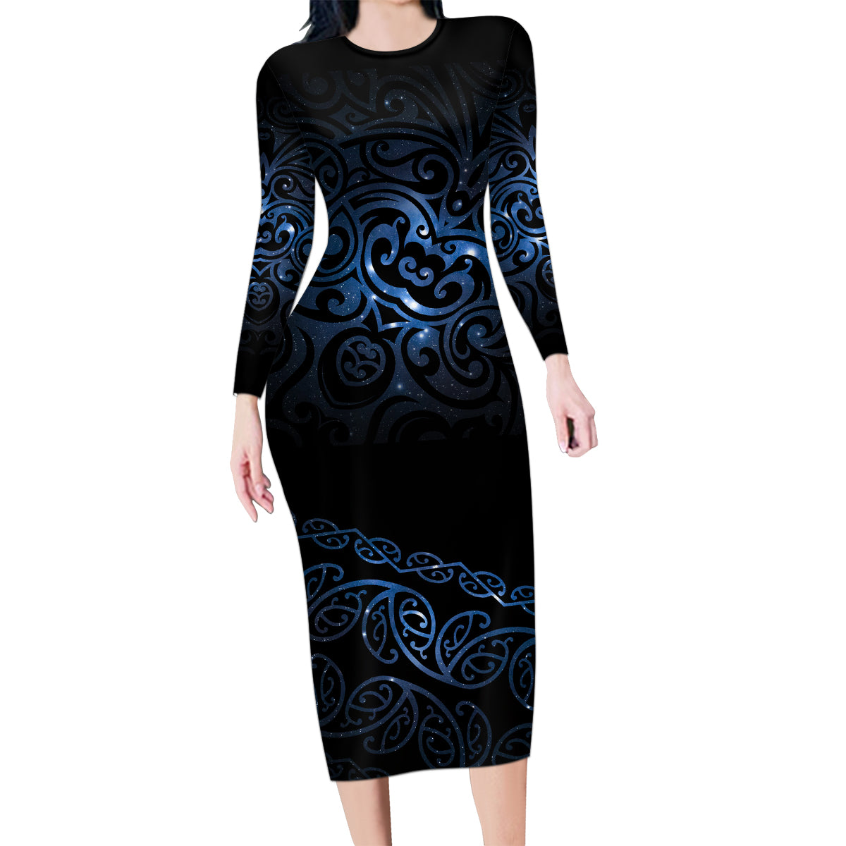 New Zealand Matariki Family Matching Long Sleeve Bodycon Dress and Hawaiian Shirt Cosmic Style LT7 Mom's Dress Galaxy - Polynesian Pride