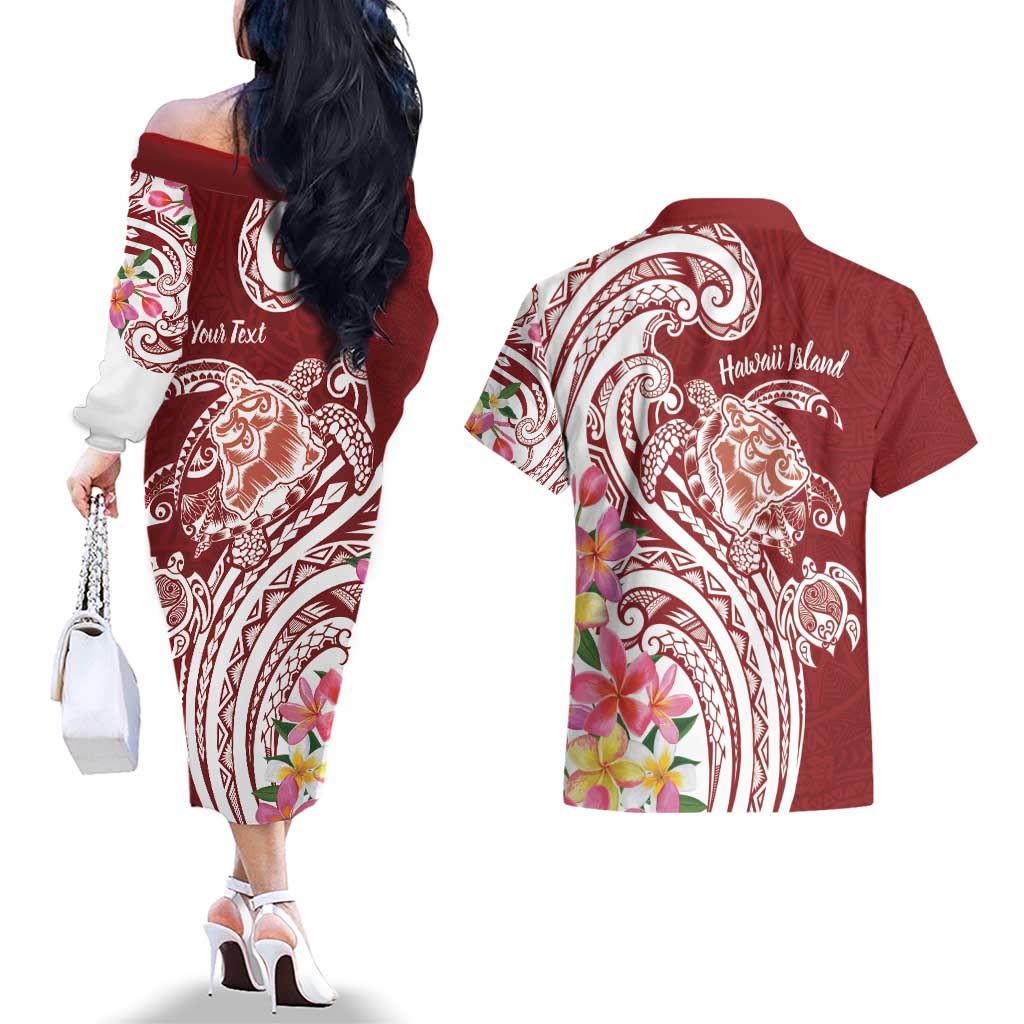 Aloha Hawaii Island Personalized Couples Matching Off The Shoulder Long Sleeve Dress and Hawaiian Shirt Crimson Dreamy Turtle