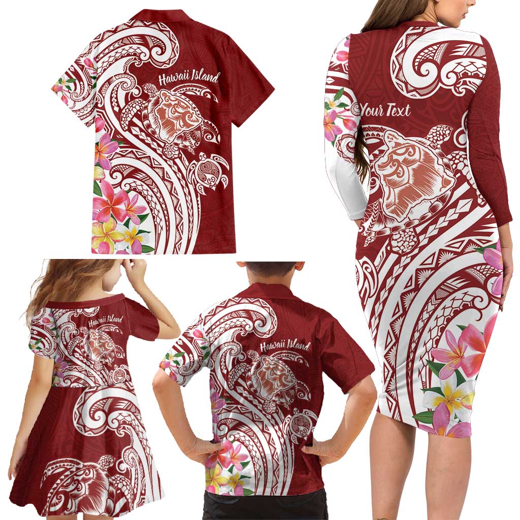 Aloha Hawaii Island Personalized Family Matching Long Sleeve Bodycon Dress and Hawaiian Shirt Crimson Dreamy Turtle LT7 - Polynesian Pride