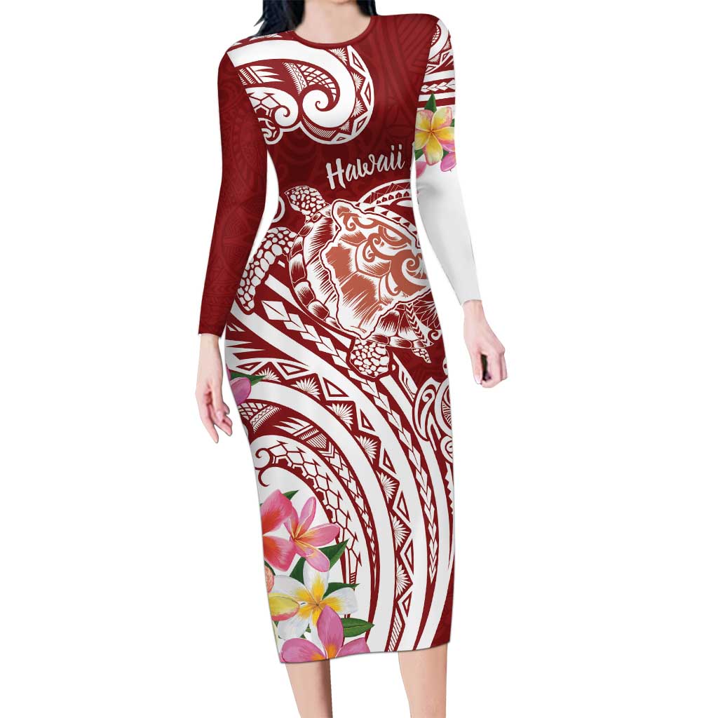 Aloha Hawaii Island Personalized Family Matching Long Sleeve Bodycon Dress and Hawaiian Shirt Crimson Dreamy Turtle LT7 Mom's Dress Red - Polynesian Pride