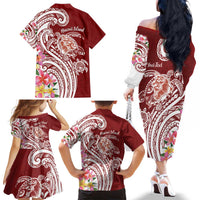 Aloha Hawaii Island Personalized Family Matching Off The Shoulder Long Sleeve Dress and Hawaiian Shirt Crimson Dreamy Turtle LT7 - Polynesian Pride