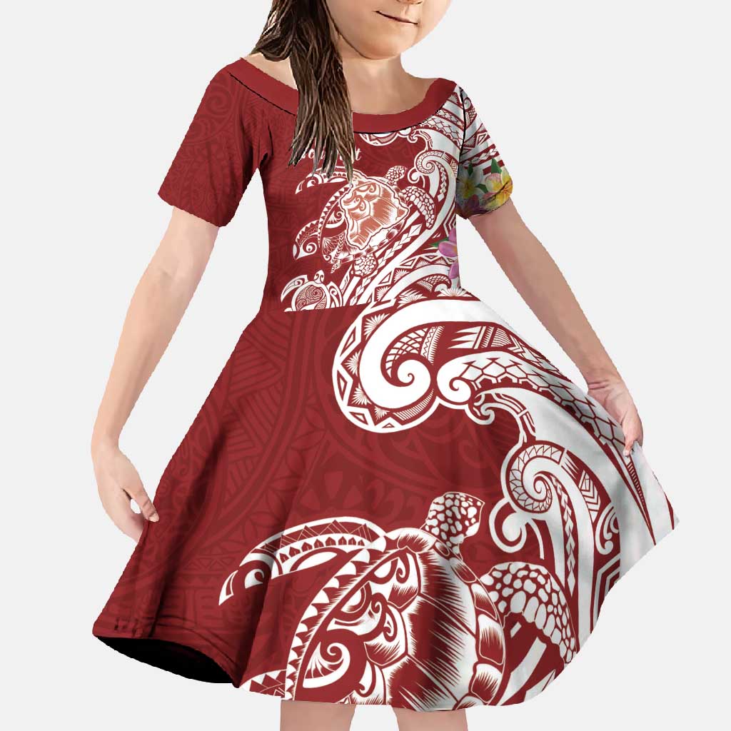 Aloha Hawaii Island Personalized Family Matching Short Sleeve Bodycon Dress and Hawaiian Shirt Crimson Dreamy Turtle LT7 Daughter's Dress Red - Polynesian Pride