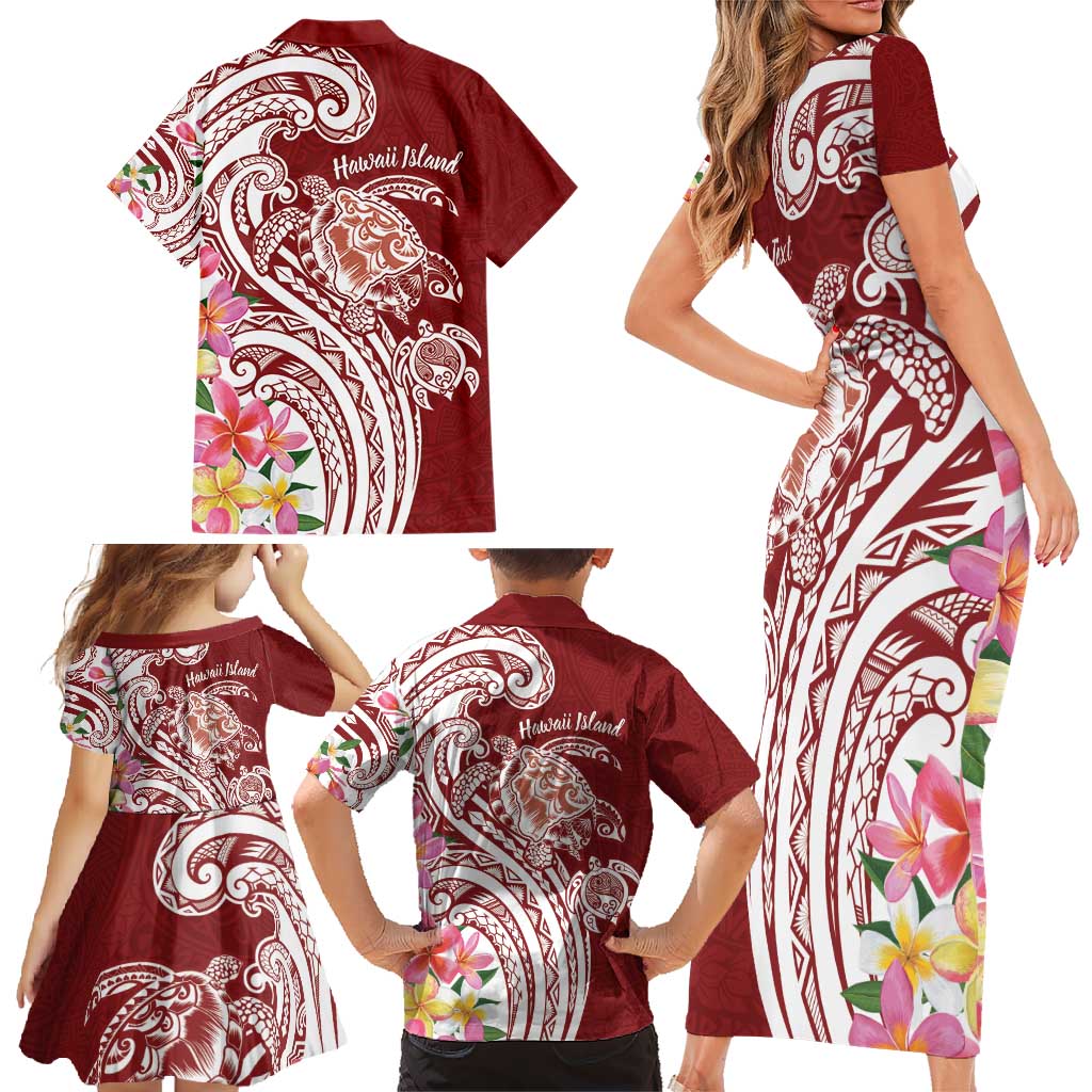 Aloha Hawaii Island Personalized Family Matching Short Sleeve Bodycon Dress and Hawaiian Shirt Crimson Dreamy Turtle LT7 - Polynesian Pride
