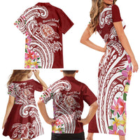 Aloha Hawaii Island Personalized Family Matching Short Sleeve Bodycon Dress and Hawaiian Shirt Crimson Dreamy Turtle LT7 - Polynesian Pride