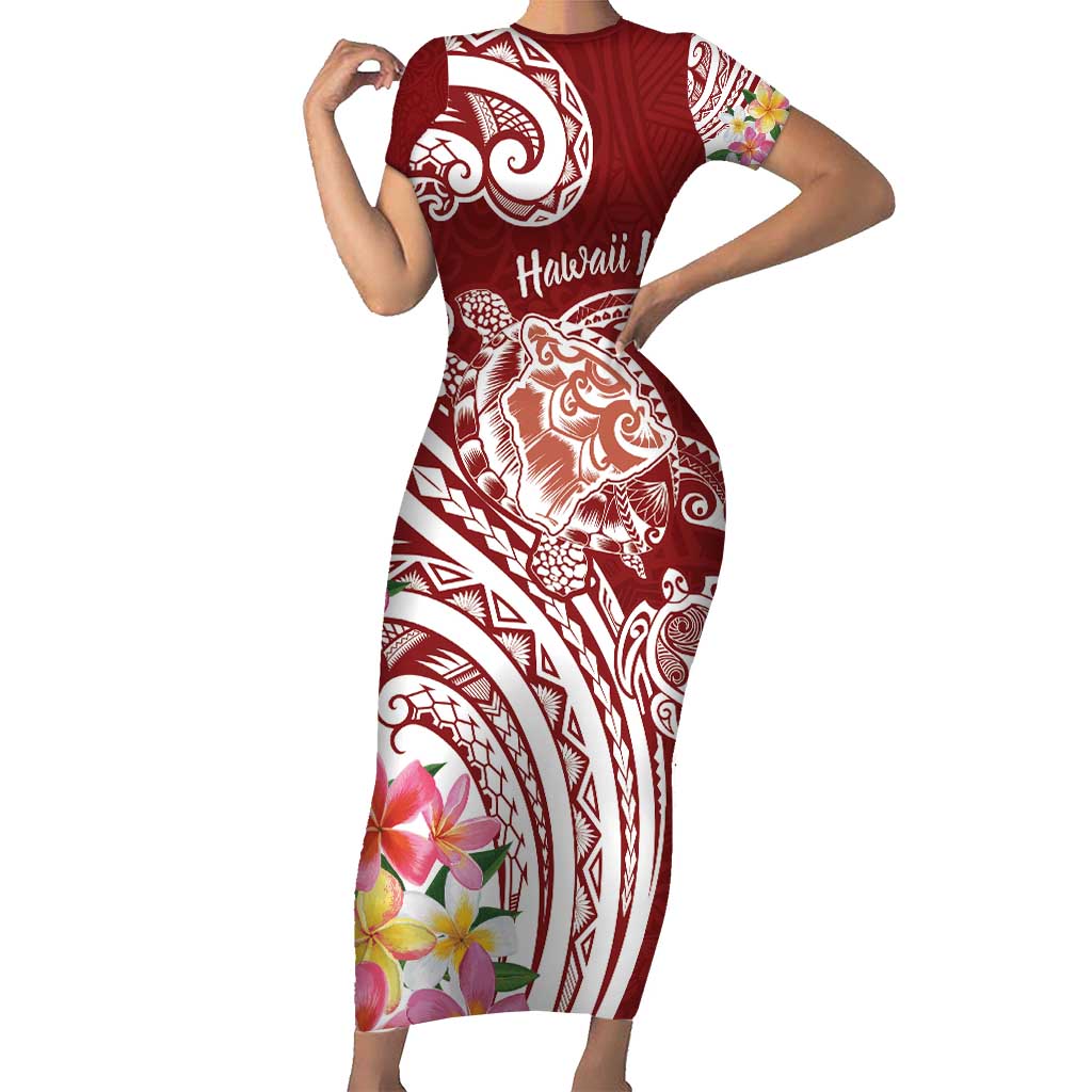 Aloha Hawaii Island Personalized Family Matching Short Sleeve Bodycon Dress and Hawaiian Shirt Crimson Dreamy Turtle LT7 Mom's Dress Red - Polynesian Pride