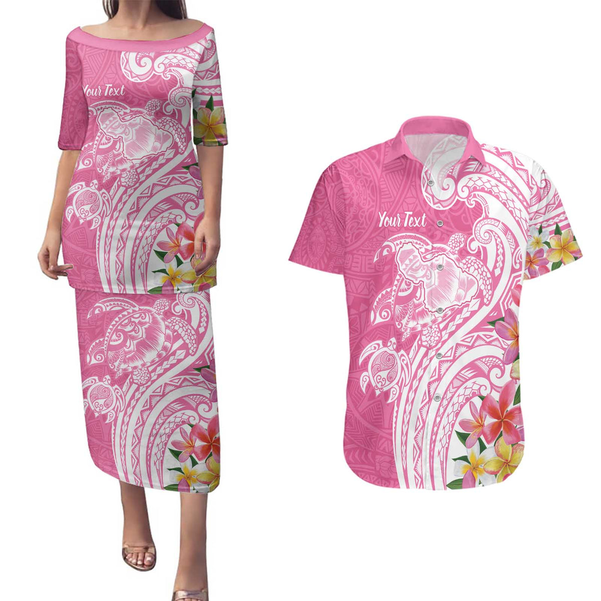 Aloha Maui Island Personalized Couples Matching Puletasi and Hawaiian Shirt Rose Dreamy Turtle