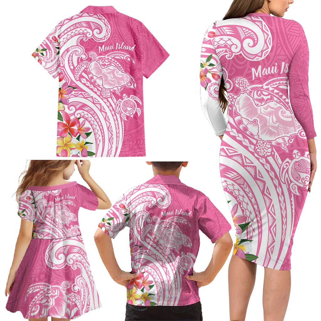 Aloha Maui Island Personalized Family Matching Long Sleeve Bodycon Dress and Hawaiian Shirt Rose Dreamy Turtle LT7 - Polynesian Pride