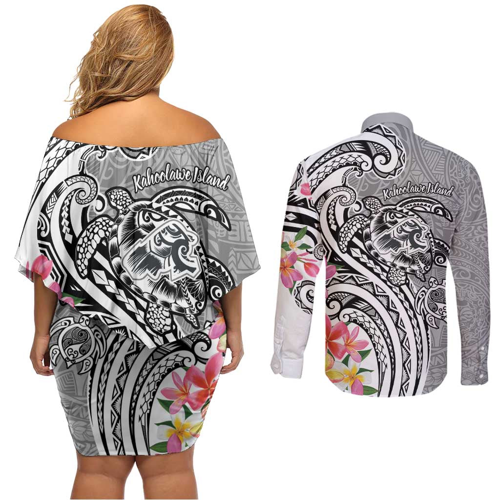 Aloha Kahoolawe Island Personalized Couples Matching Off Shoulder Short Dress and Long Sleeve Button Shirt Ashen Dreamy Turtle