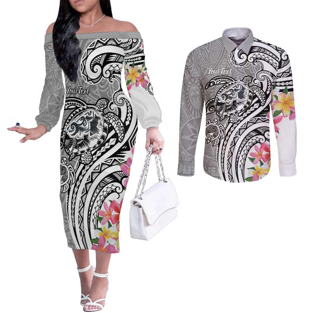 Aloha Kahoolawe Island Personalized Couples Matching Off The Shoulder Long Sleeve Dress and Long Sleeve Button Shirt Ashen Dreamy Turtle LT7 Grey - Polynesian Pride