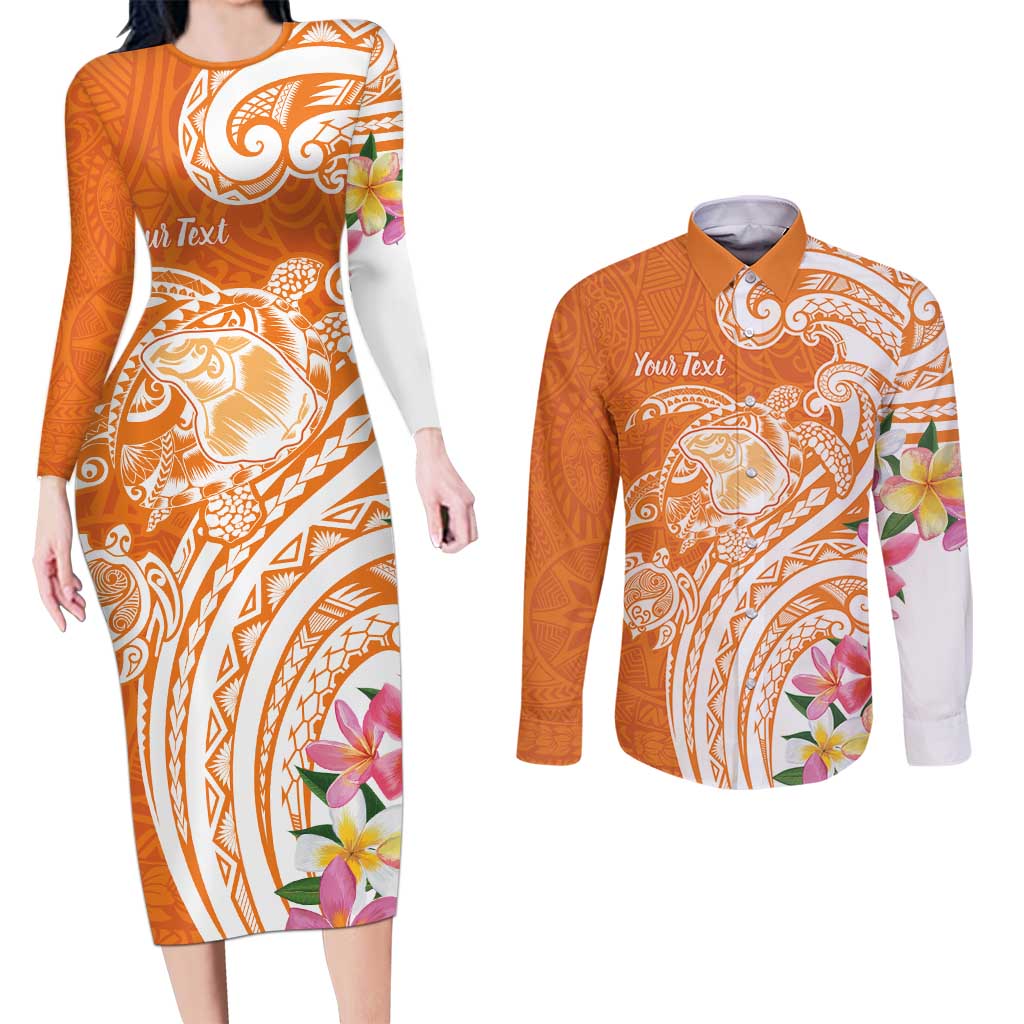 Aloha Lanai Island Personalized Couples Matching Long Sleeve Bodycon Dress and Long Sleeve Button Shirt Orange Dreamy Turtle