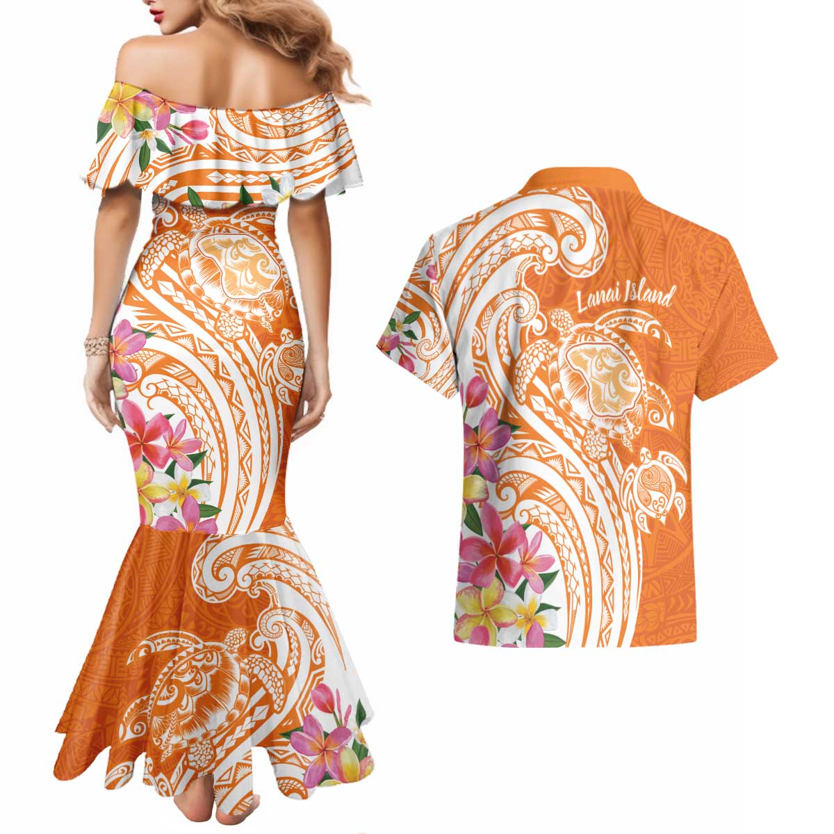 Aloha Lanai Island Personalized Couples Matching Mermaid Dress and Hawaiian Shirt Orange Dreamy Turtle LT7 - Polynesian Pride