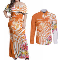 Aloha Lanai Island Personalized Couples Matching Off Shoulder Maxi Dress and Long Sleeve Button Shirt Orange Dreamy Turtle