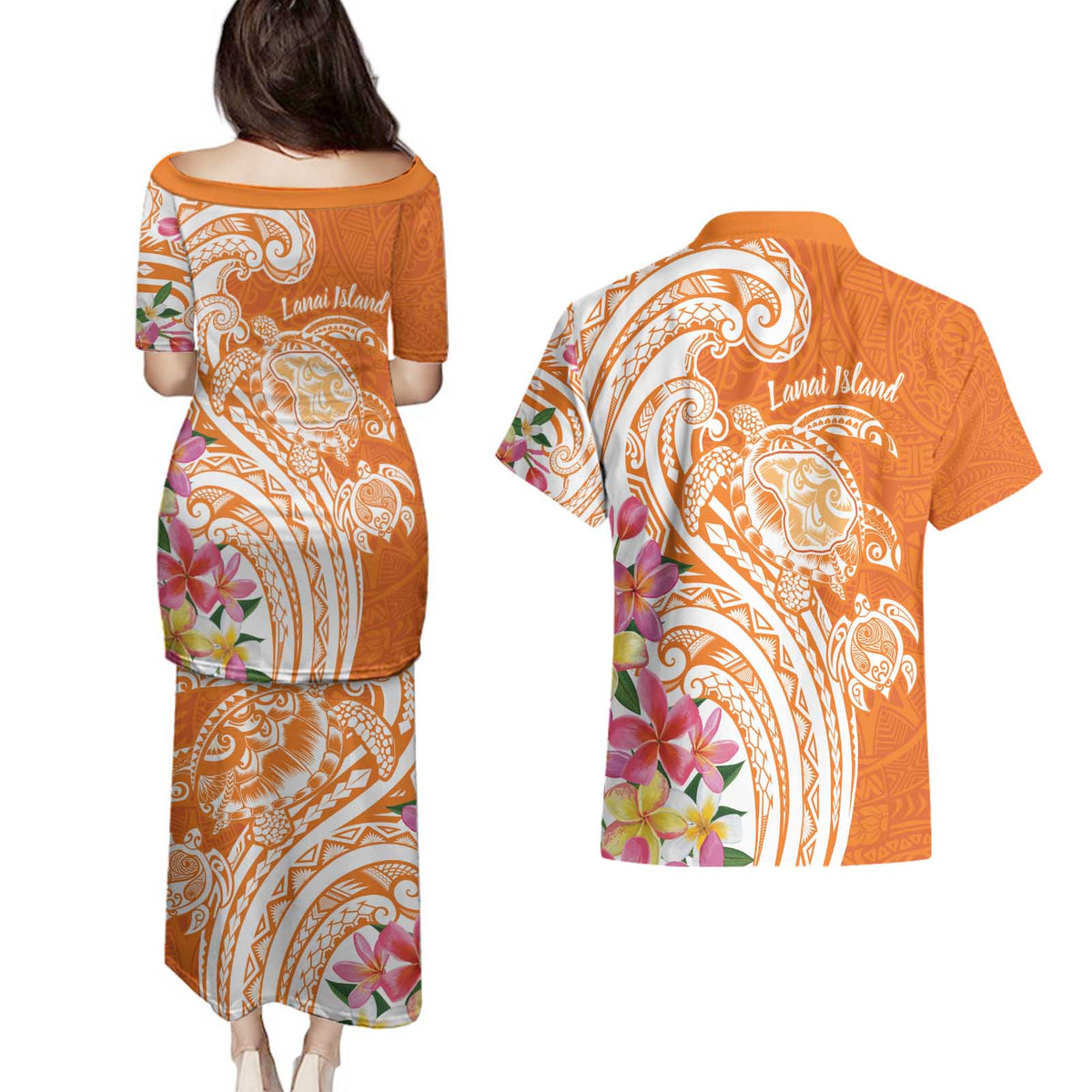 Aloha Lanai Island Personalized Couples Matching Puletasi and Hawaiian Shirt Orange Dreamy Turtle LT7 - Polynesian Pride