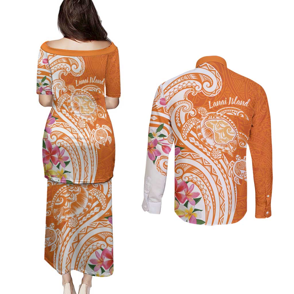 Aloha Lanai Island Personalized Couples Matching Puletasi and Long Sleeve Button Shirt Orange Dreamy Turtle