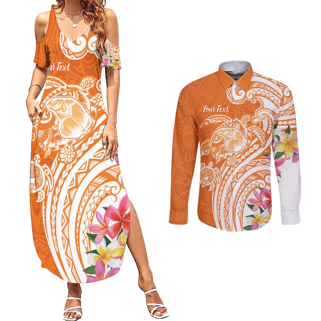 Aloha Lanai Island Personalized Couples Matching Summer Maxi Dress and Long Sleeve Button Shirt Orange Dreamy Turtle