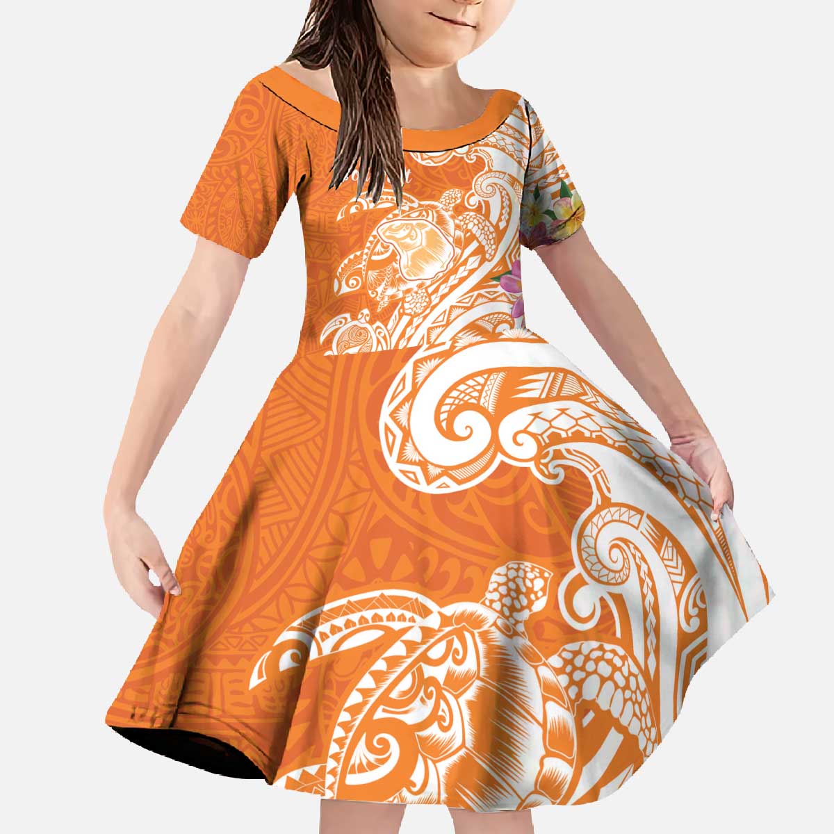 Aloha Lanai Island Personalized Family Matching Off The Shoulder Long Sleeve Dress and Hawaiian Shirt Orange Dreamy Turtle LT7 Daughter's Dress Orange - Polynesian Pride