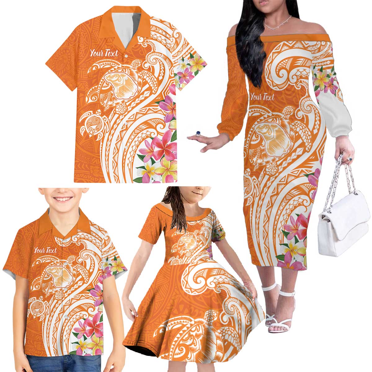 Aloha Lanai Island Personalized Family Matching Off The Shoulder Long Sleeve Dress and Hawaiian Shirt Orange Dreamy Turtle LT7 - Polynesian Pride