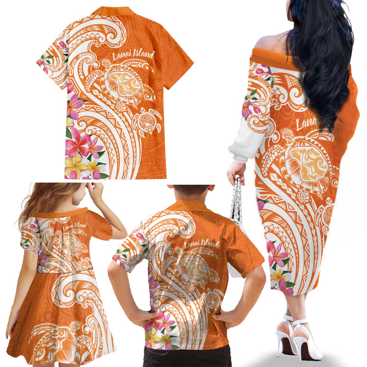 Aloha Lanai Island Personalized Family Matching Off The Shoulder Long Sleeve Dress and Hawaiian Shirt Orange Dreamy Turtle LT7 - Polynesian Pride