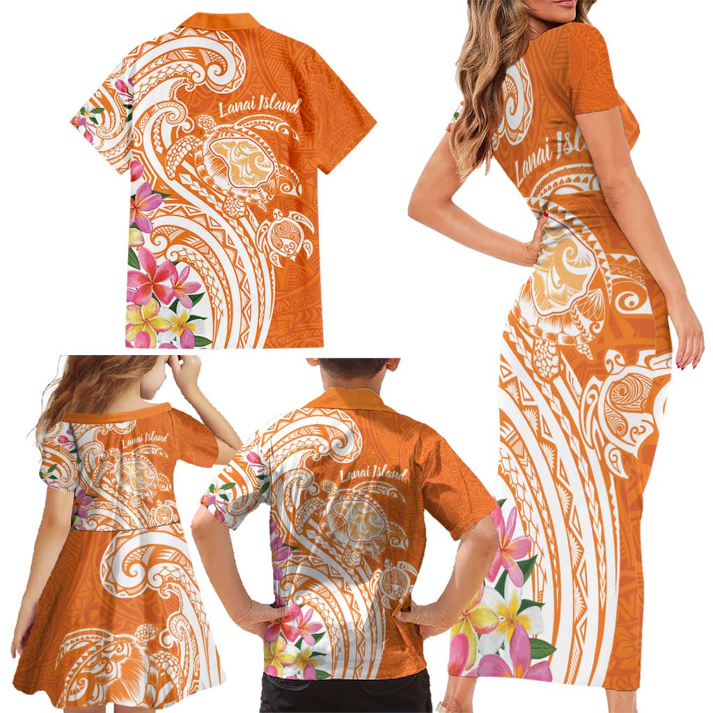 Aloha Lanai Island Personalized Family Matching Short Sleeve Bodycon Dress and Hawaiian Shirt Orange Dreamy Turtle LT7 - Polynesian Pride