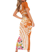 Aloha Lanai Island Personalized Family Matching Short Sleeve Bodycon Dress and Hawaiian Shirt Orange Dreamy Turtle LT7 - Polynesian Pride