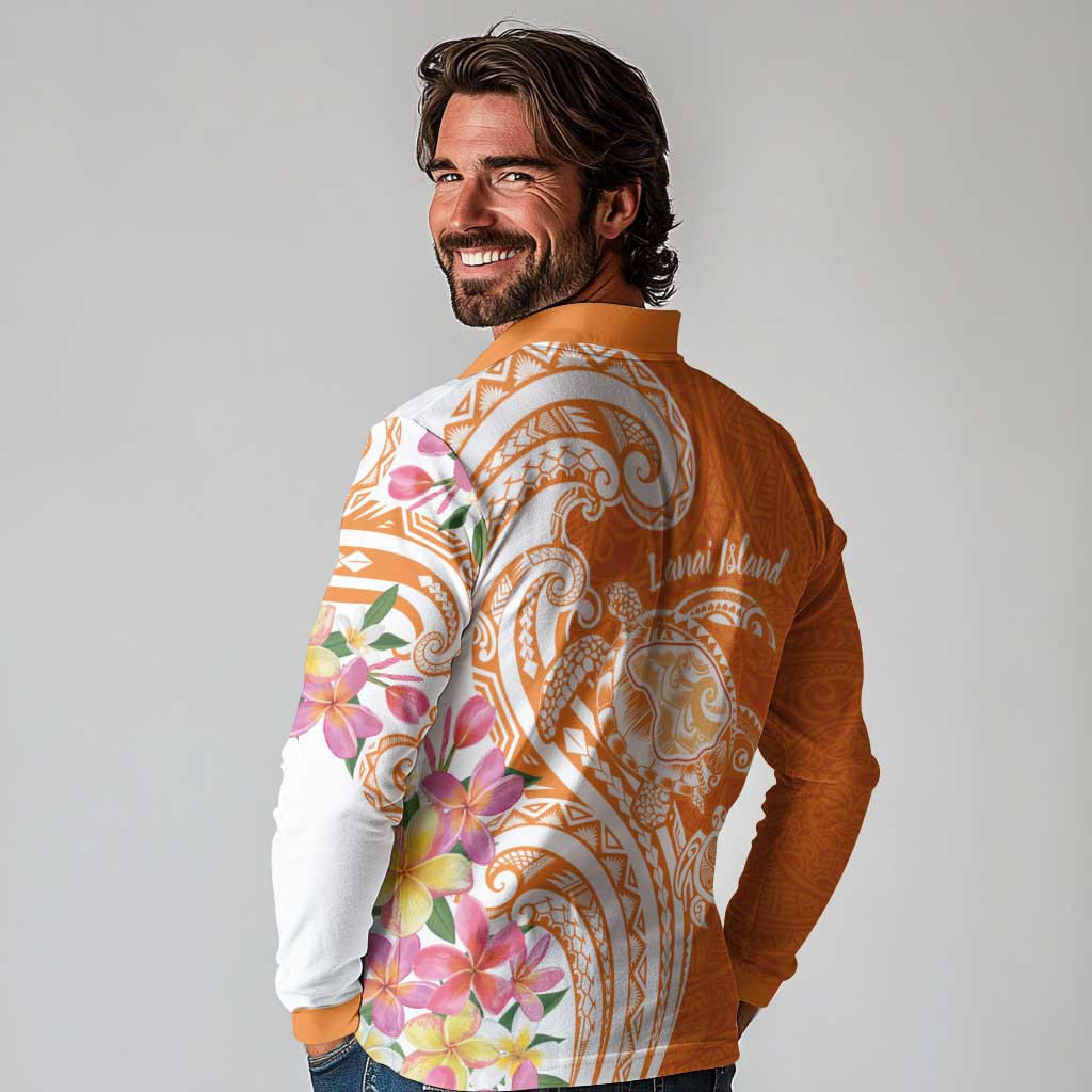 Aloha Lanai Island Personalized Long Sleeve Polo Shirt Orange Dreamy Turtle