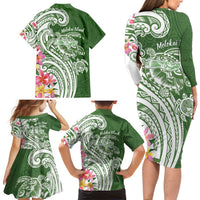 Aloha Molokai Island Personalized Family Matching Long Sleeve Bodycon Dress and Hawaiian Shirt Sage Dreamy Turtle LT7 - Polynesian Pride