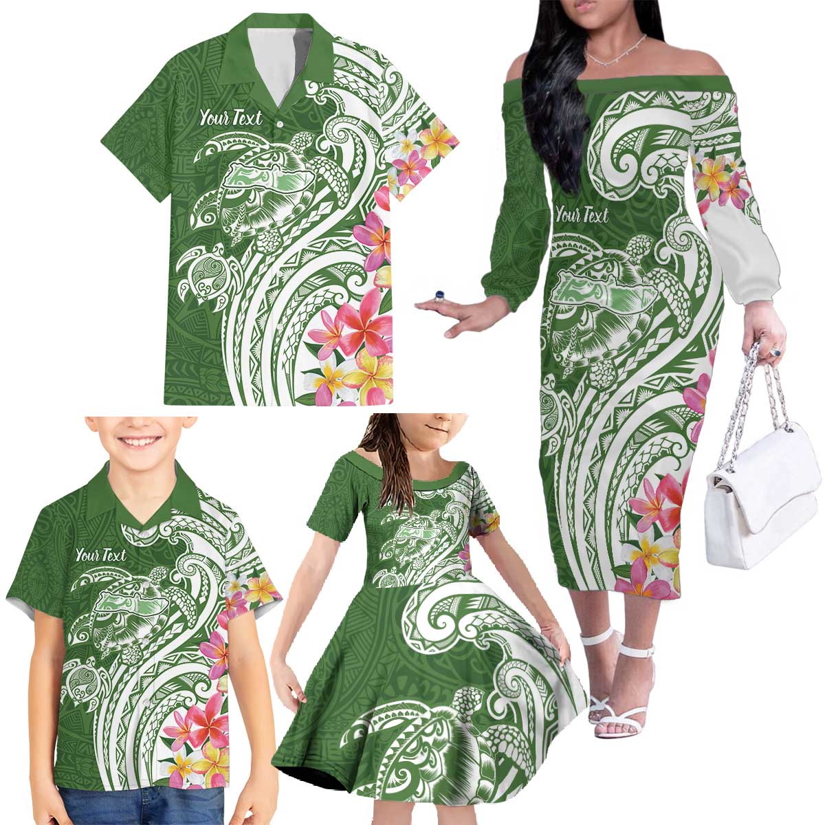 Aloha Molokai Island Personalized Family Matching Off The Shoulder Long Sleeve Dress and Hawaiian Shirt Sage Dreamy Turtle LT7 - Polynesian Pride