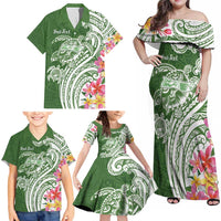 Aloha Molokai Island Personalized Family Matching Off Shoulder Maxi Dress and Hawaiian Shirt Sage Dreamy Turtle
