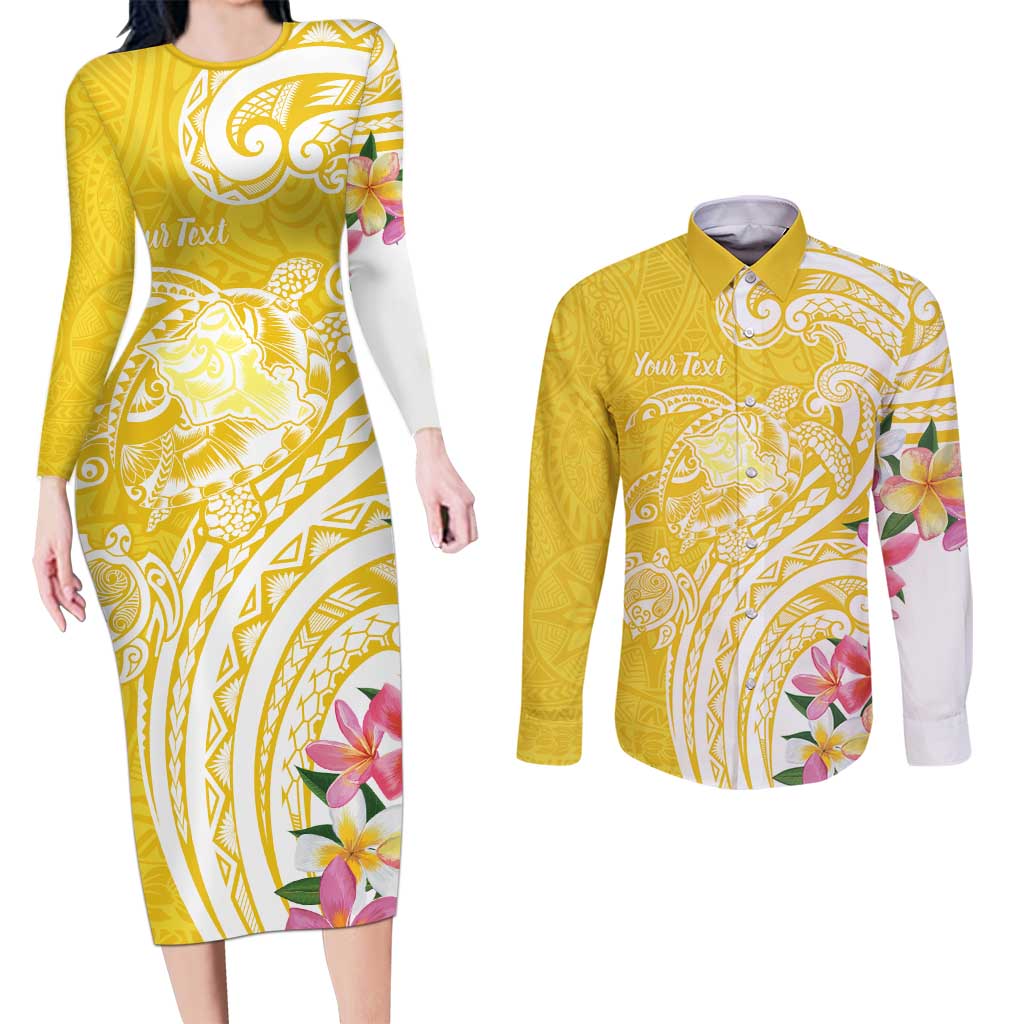 Aloha Oahu Island Personalized Couples Matching Long Sleeve Bodycon Dress and Long Sleeve Button Shirt Yellow Dreamy Turtle