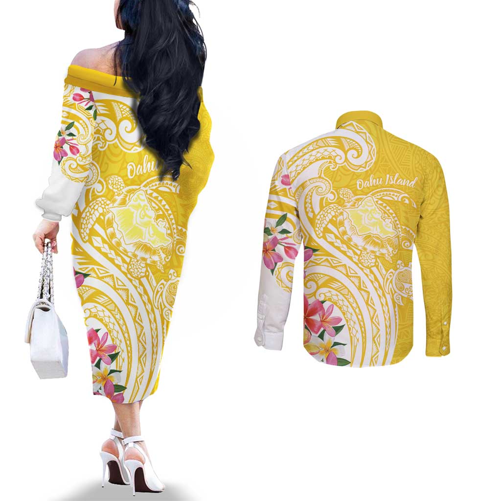 Aloha Oahu Island Personalized Couples Matching Off The Shoulder Long Sleeve Dress and Long Sleeve Button Shirt Yellow Dreamy Turtle