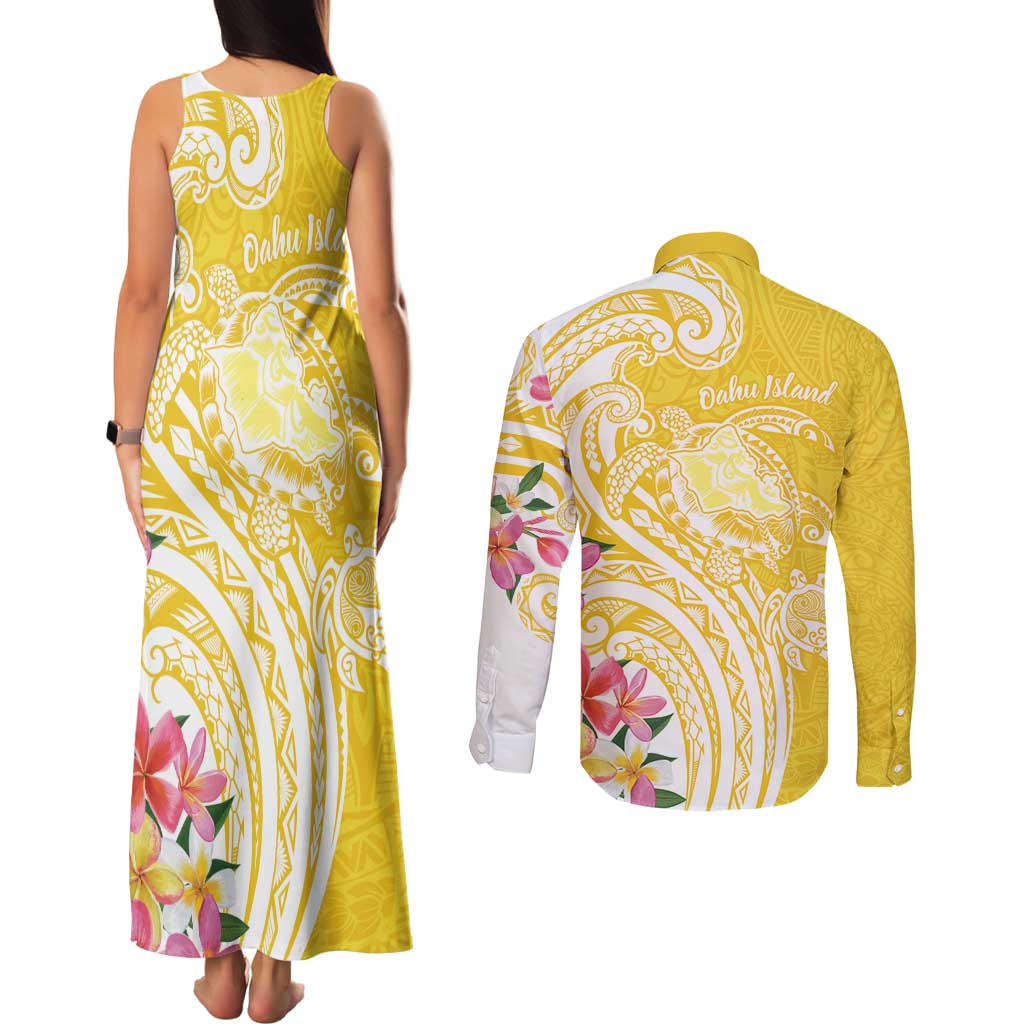 Aloha Oahu Island Personalized Couples Matching Tank Maxi Dress and Long Sleeve Button Shirt Yellow Dreamy Turtle