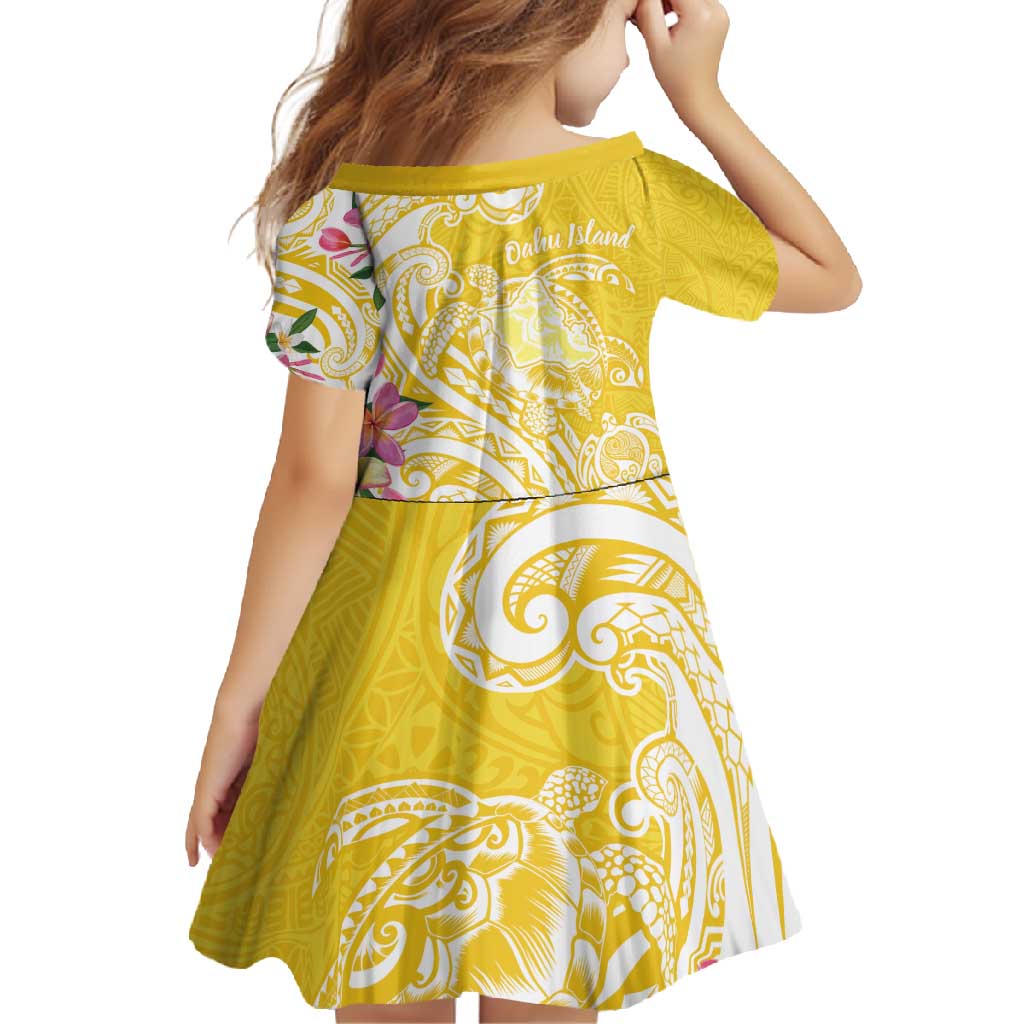 Aloha Oahu Island Personalized Family Matching Long Sleeve Bodycon Dress and Hawaiian Shirt Yellow Dreamy Turtle LT7 - Polynesian Pride