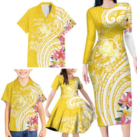 Aloha Oahu Island Personalized Family Matching Long Sleeve Bodycon Dress and Hawaiian Shirt Yellow Dreamy Turtle LT7 - Polynesian Pride
