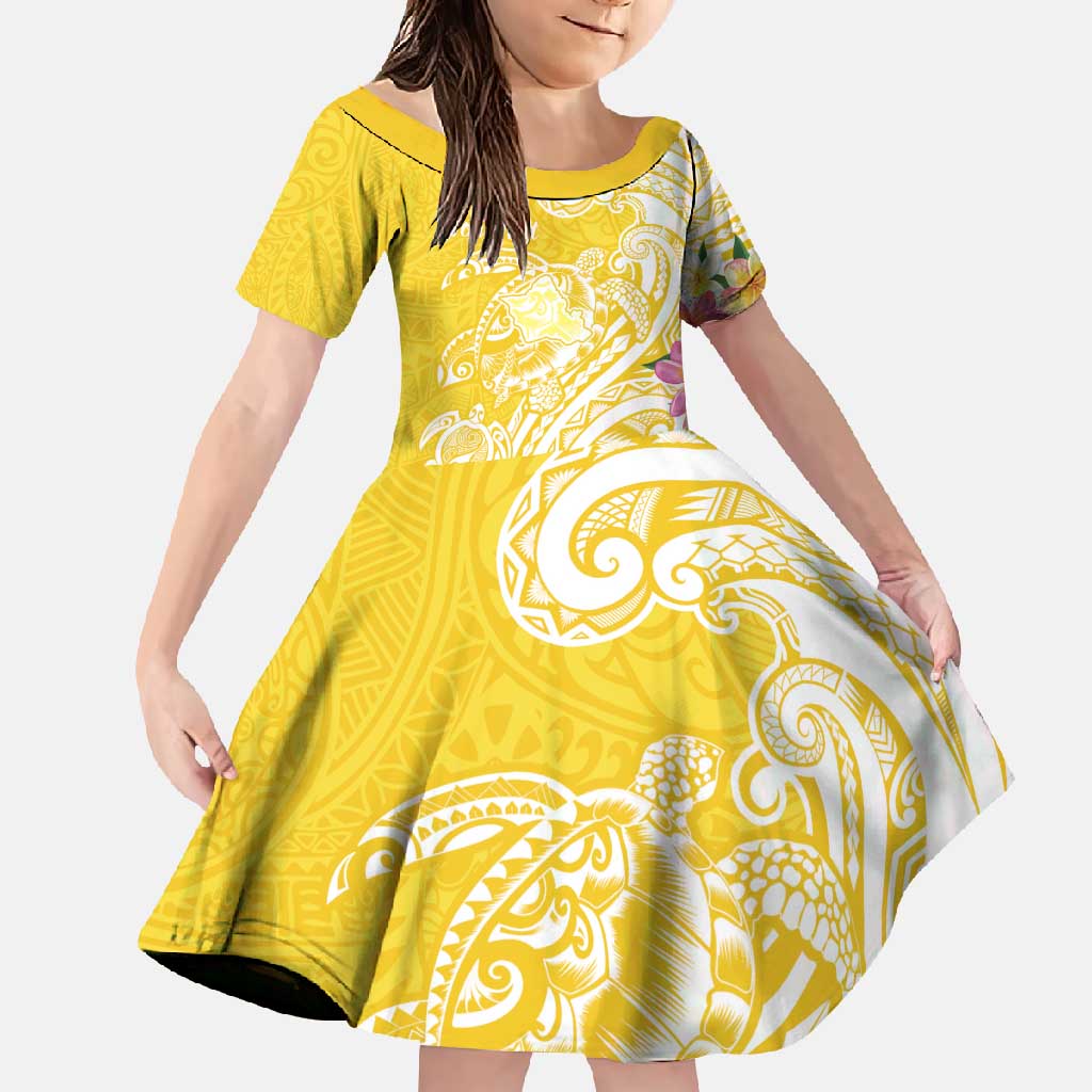 Aloha Oahu Island Personalized Family Matching Mermaid Dress and Hawaiian Shirt Yellow Dreamy Turtle LT7 Daughter's Dress Yellow - Polynesian Pride