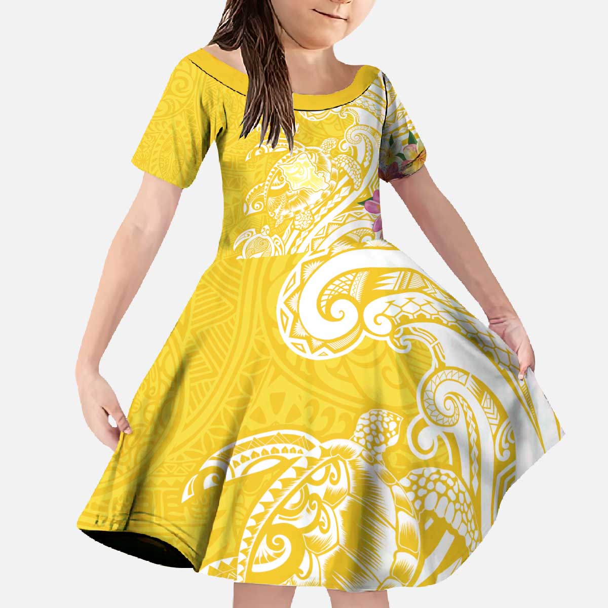 Aloha Oahu Island Personalized Family Matching Off The Shoulder Long Sleeve Dress and Hawaiian Shirt Yellow Dreamy Turtle LT7 Daughter's Dress Yellow - Polynesian Pride