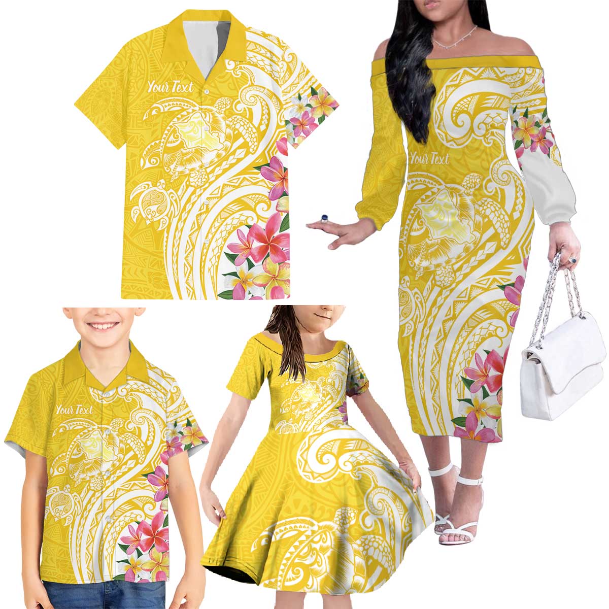 Aloha Oahu Island Personalized Family Matching Off The Shoulder Long Sleeve Dress and Hawaiian Shirt Yellow Dreamy Turtle LT7 - Polynesian Pride
