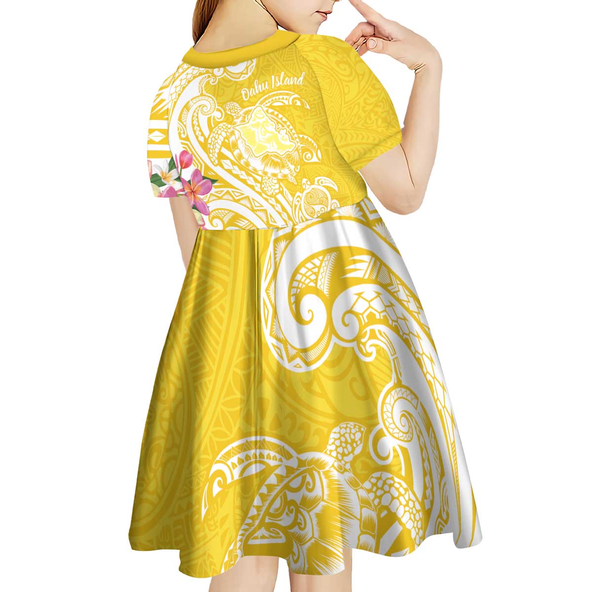 Aloha Oahu Island Personalized Kid Short Sleeve Dress Yellow Dreamy Turtle