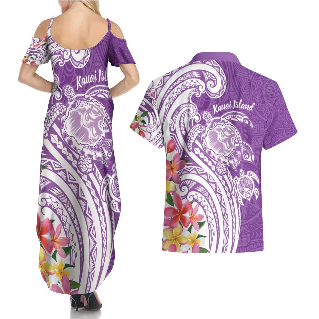 Aloha Kauai Island Personalized Couples Matching Summer Maxi Dress and Hawaiian Shirt Lilac Dreamy Turtle