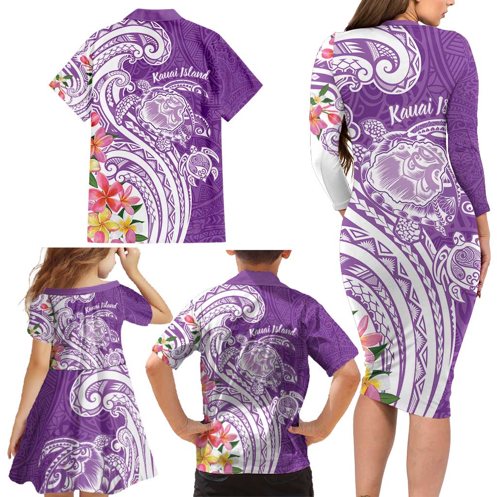 Aloha Kauai Island Personalized Family Matching Long Sleeve Bodycon Dress and Hawaiian Shirt Lilac Dreamy Turtle LT7 - Polynesian Pride