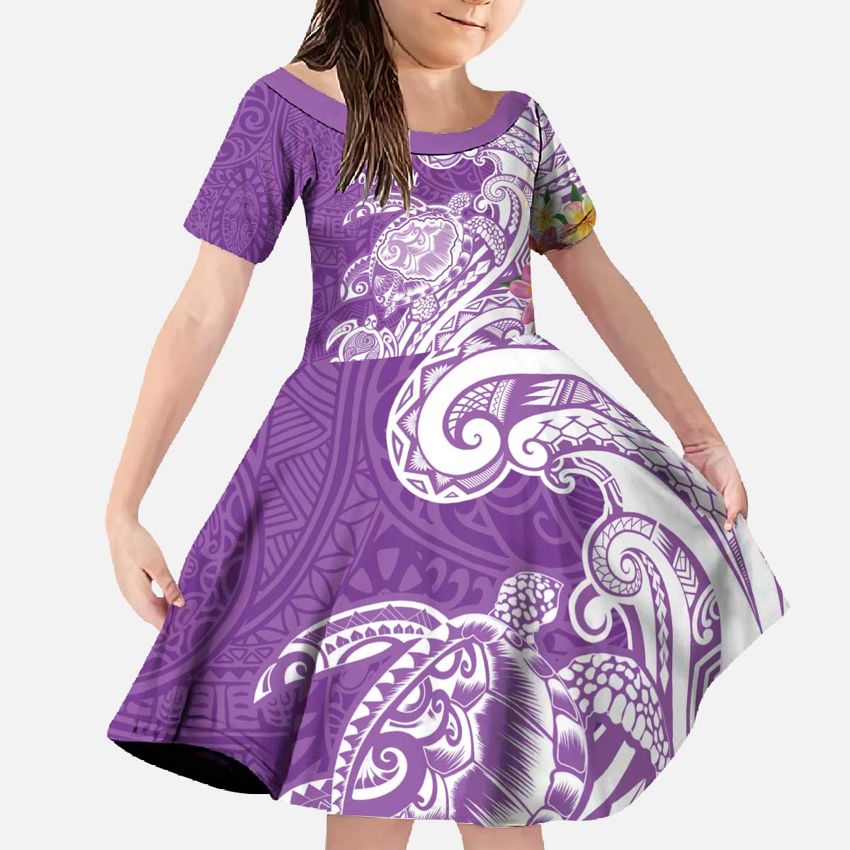 Aloha Kauai Island Personalized Family Matching Off The Shoulder Long Sleeve Dress and Hawaiian Shirt Lilac Dreamy Turtle LT7 Daughter's Dress Lilac - Polynesian Pride