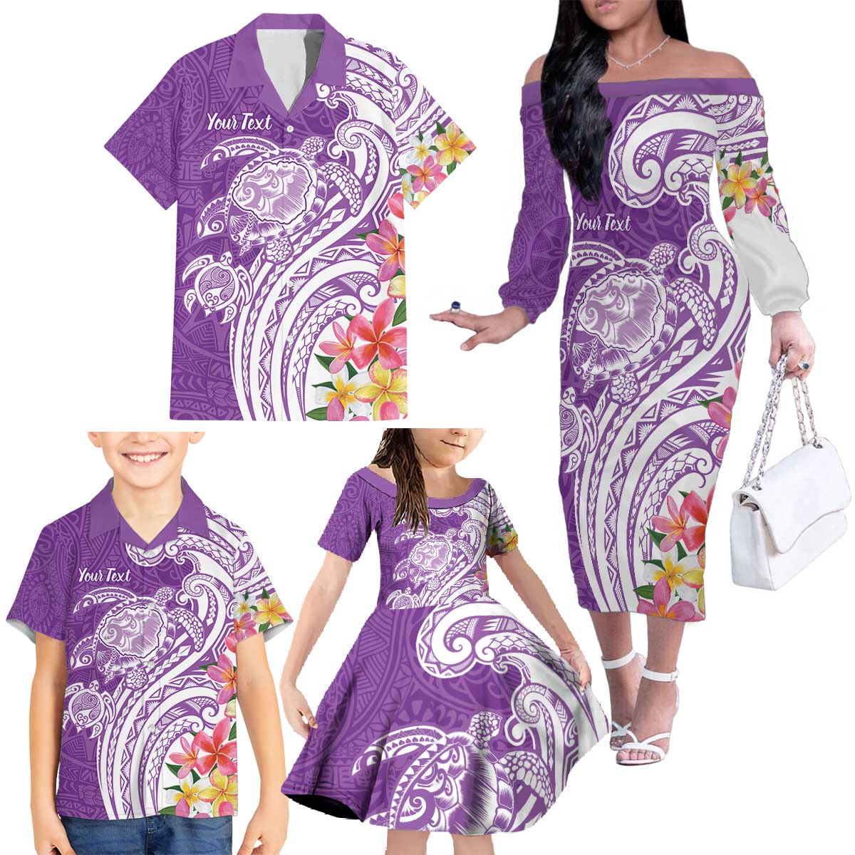 Aloha Kauai Island Personalized Family Matching Off The Shoulder Long Sleeve Dress and Hawaiian Shirt Lilac Dreamy Turtle LT7 - Polynesian Pride