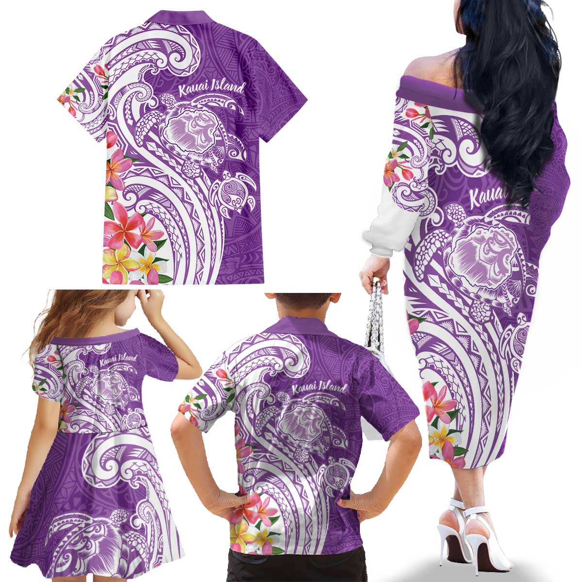 Aloha Kauai Island Personalized Family Matching Off The Shoulder Long Sleeve Dress and Hawaiian Shirt Lilac Dreamy Turtle LT7 - Polynesian Pride