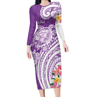Aloha Kauai Island Personalized Long Sleeve Bodycon Dress Lilac Dreamy Turtle LT7 Long Dress Lilac - Polynesian Pride