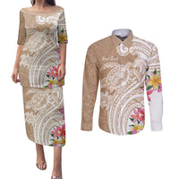 Aloha Ni’ihau Island Personalized Couples Matching Puletasi and Long Sleeve Button Shirt Beige Dreamy Turtle