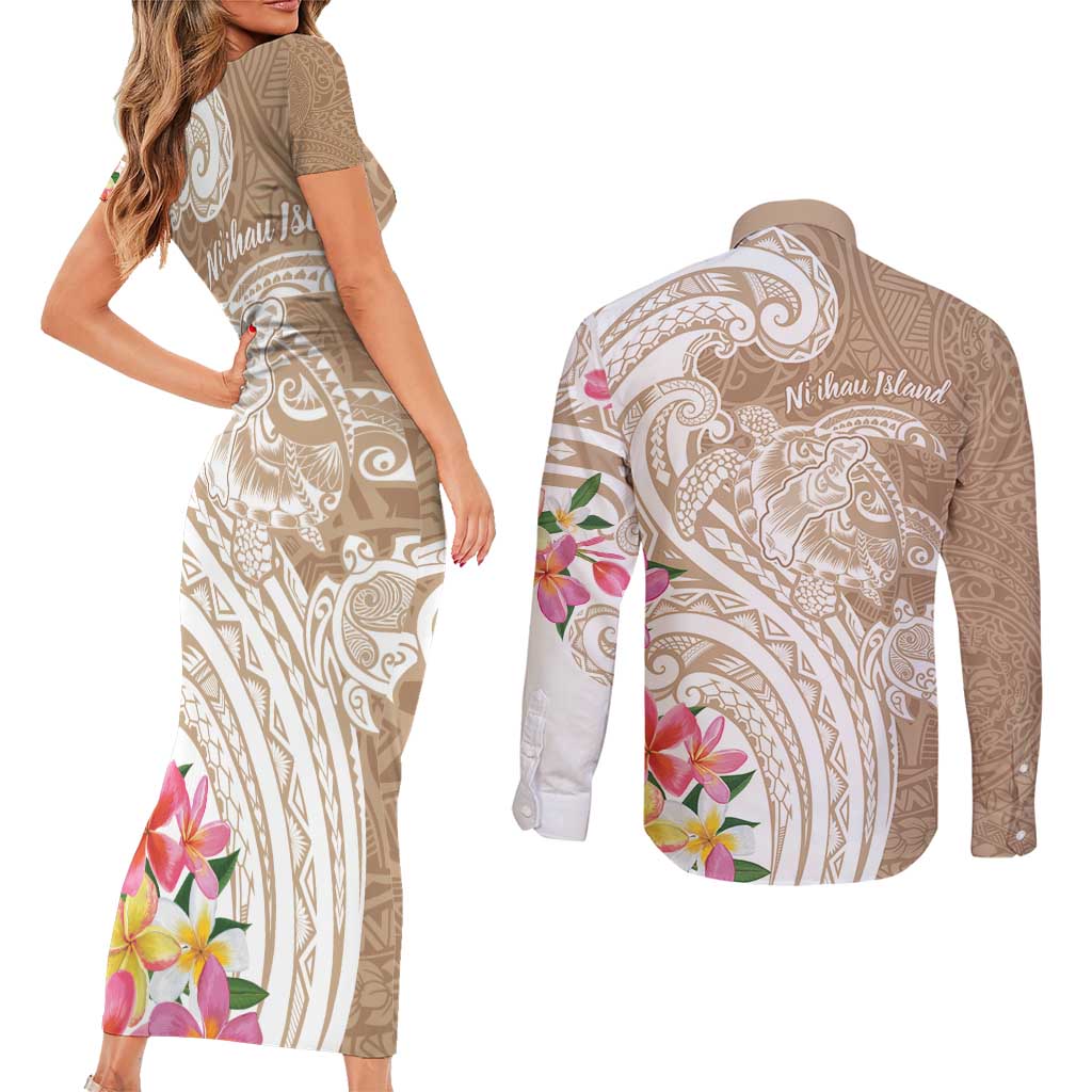 Aloha Ni’ihau Island Personalized Couples Matching Short Sleeve Bodycon Dress and Long Sleeve Button Shirt Beige Dreamy Turtle