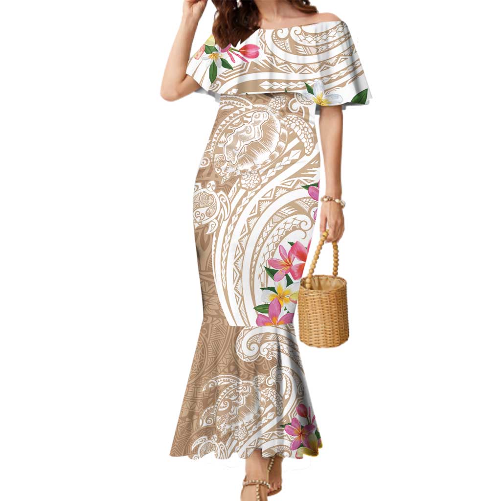 Aloha Niihau Island Personalized Family Matching Mermaid Dress and Hawaiian Shirt Beige Dreamy Turtle LT7 Mom's Dress Beige - Polynesian Pride